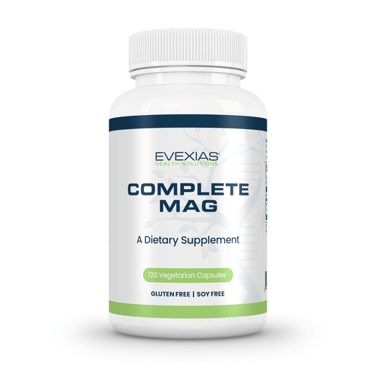 Complete Mag dietary supplement bottle by Evexias with 120 vegetarian capsules, gluten free and soy free.