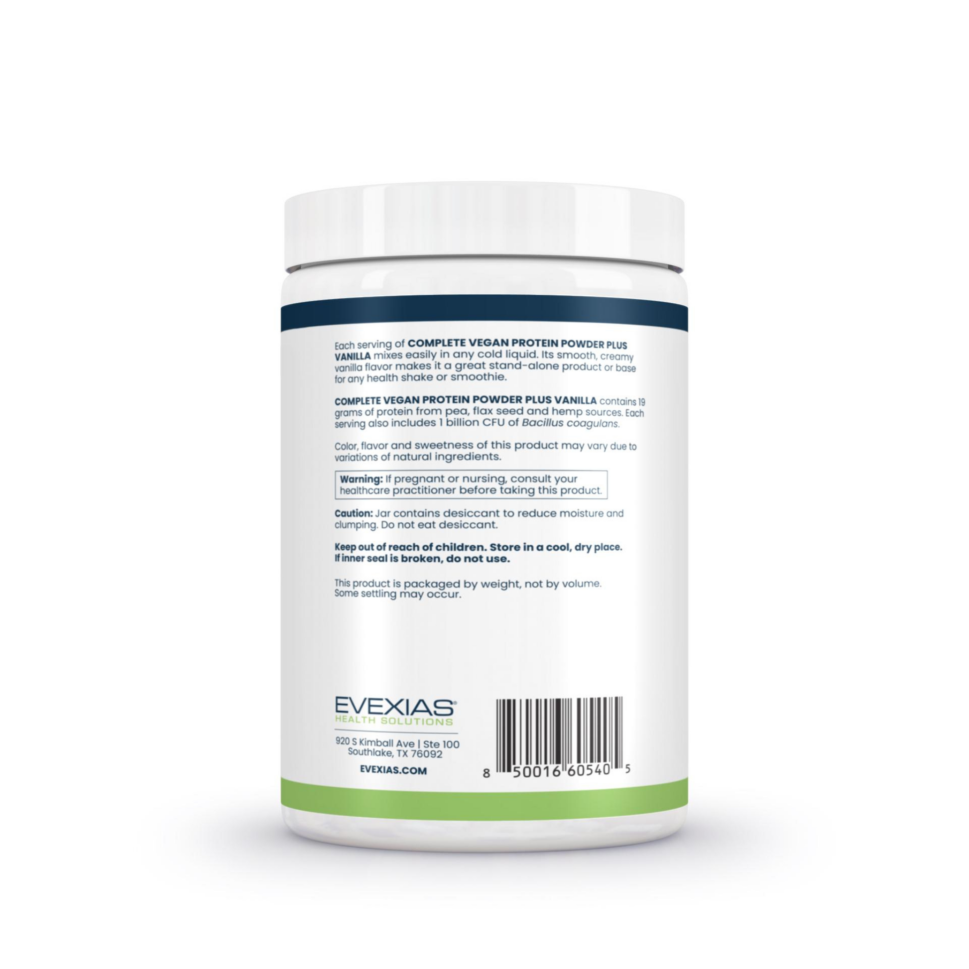 Complete Vegan Protein Powder Plus Evexias Health Solutions Back Label