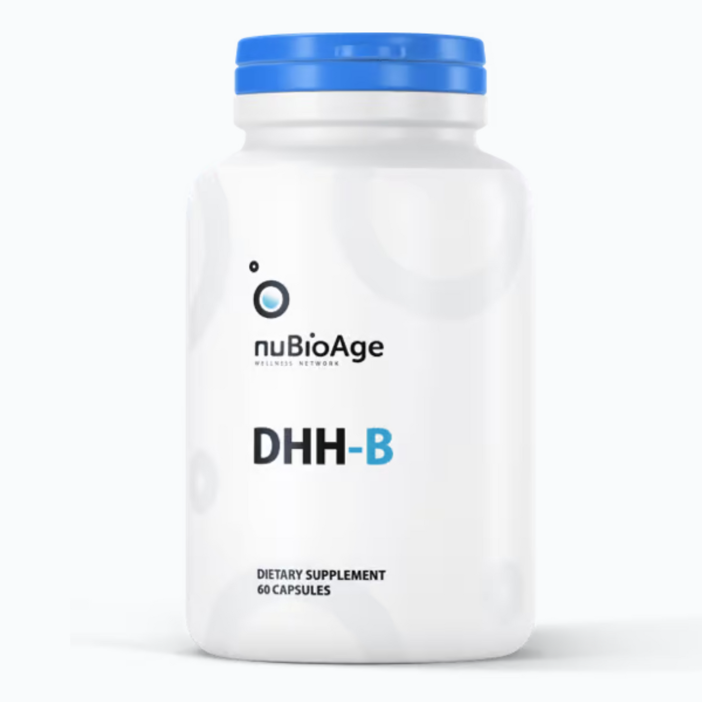 White bottle of DHH-B by nuBioAge dietary supplement with blue cap containing 60 capsules for brain health and stress relief