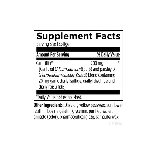 Close up of Allicillin supplement facts label detailing garlic oil parsley oil and garlic sulfides