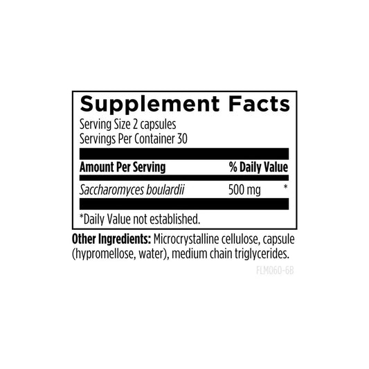 Close up of FloraMyces supplement facts label highlighting 10 billion viable cells and shelf stable formula