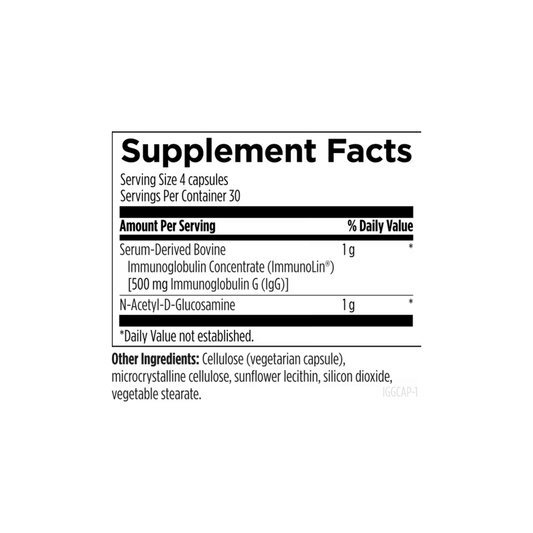 Supplement Facts label for IgGI Shield by Designs for Health showing ingredients that support gut health, intestinal barrier function, mucus layer fortification, and nutrient absorption