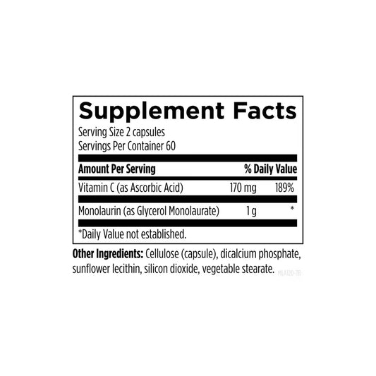 Close up of Monolaurin Avail supplement facts label listing pure monolaurin as the active ingredient