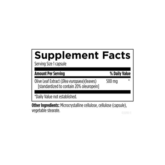 Close up of Olive Leaf Extract supplement facts label listing five hundred milligrams of olive leaf extract