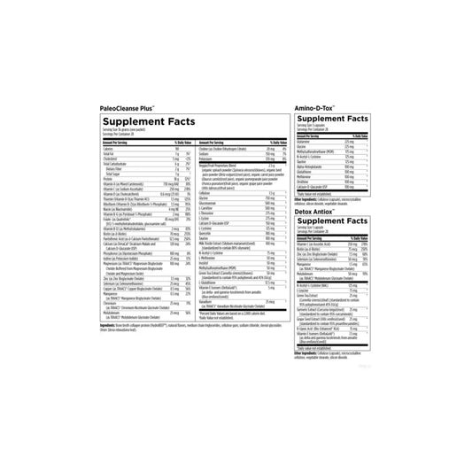 PaleoCleanse Plus Detox Program in strawberry vanilla flavor supplement facts panels for PaleoCleanse Plus, Amino-D-Tox, and Detox Antiox