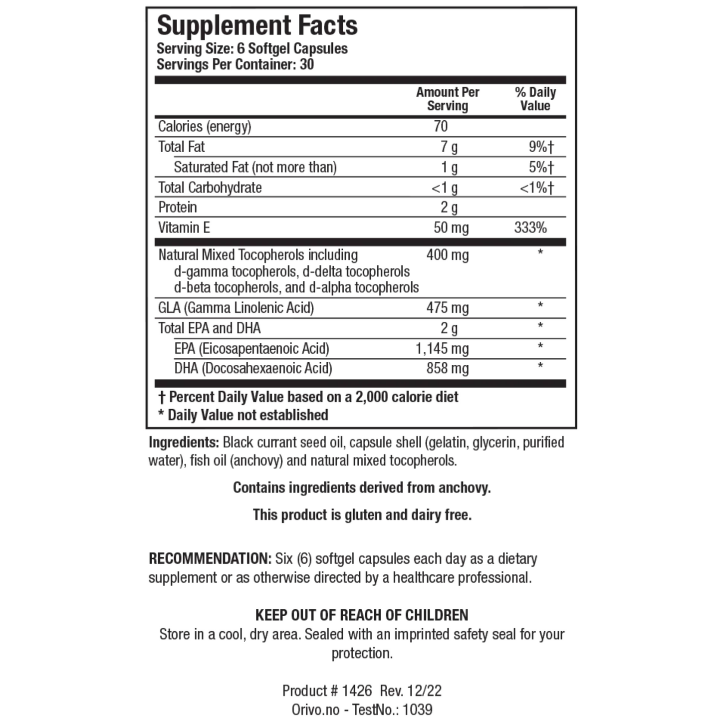 Close up of EFA-Sirt Supreme-BC bottle label detailing the concentrated omega fatty acid profile and nutritional facts
