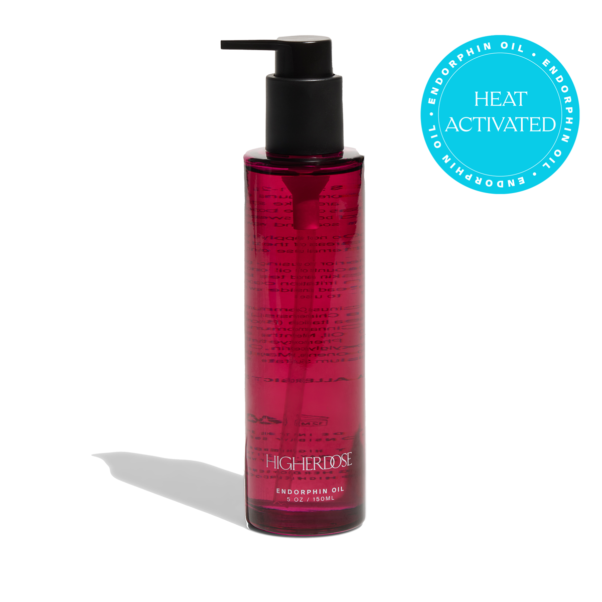 HigherDOSE Endorphin Oil heat-activated warming body oil with organic castor and essential oils in a pink pump bottle