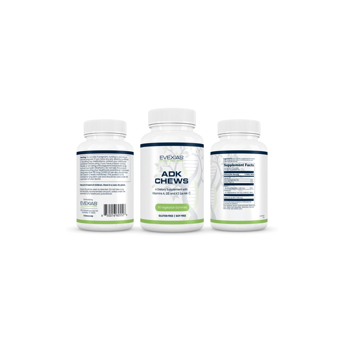 Group of ADK Chews bottles by Evexias Health Solutions highlighting clean, sugar-free bone and immune support formula