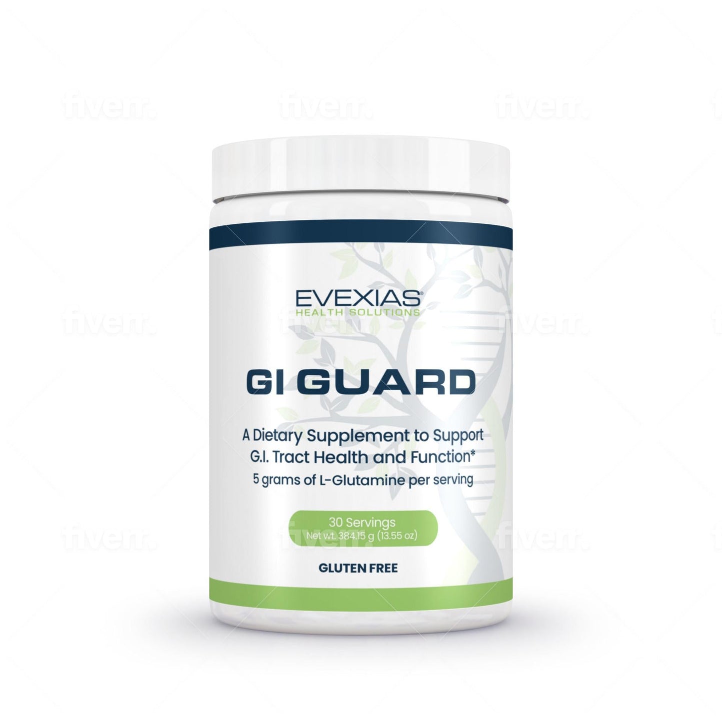GI Guard by Evexias dietary supplement container supporting gastrointestinal health with 5 grams of L-Glutamine per serving and gluten-free label