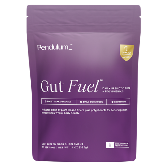 A bag of Gut Fuel daily prebiotic and polyphenols by pendulum for daily gut health.