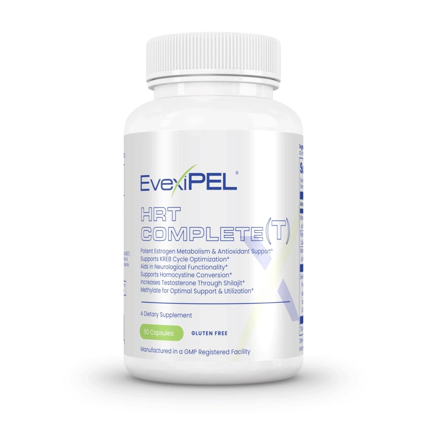 HRT Complete T supplement bottle by Evexias for hormone metabolism and balance, 60 capsules, gluten-free