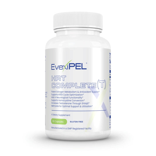 HRT Complete T supplement bottle by Evexias for hormone metabolism and balance, 60 capsules, gluten-free