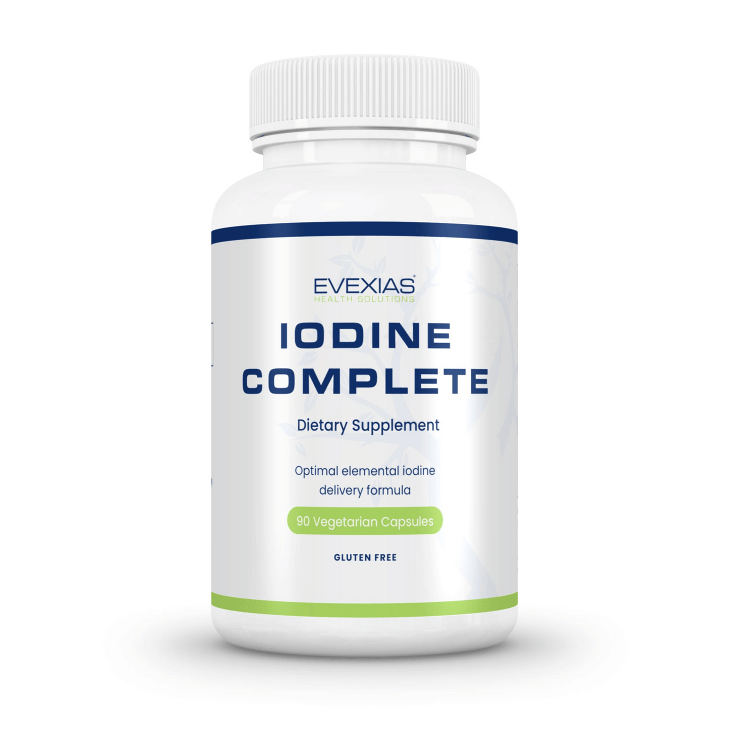 Iodine Complete by Evexias dietary supplement bottle with 90 vegetarian capsules for hormone balance and thyroid health