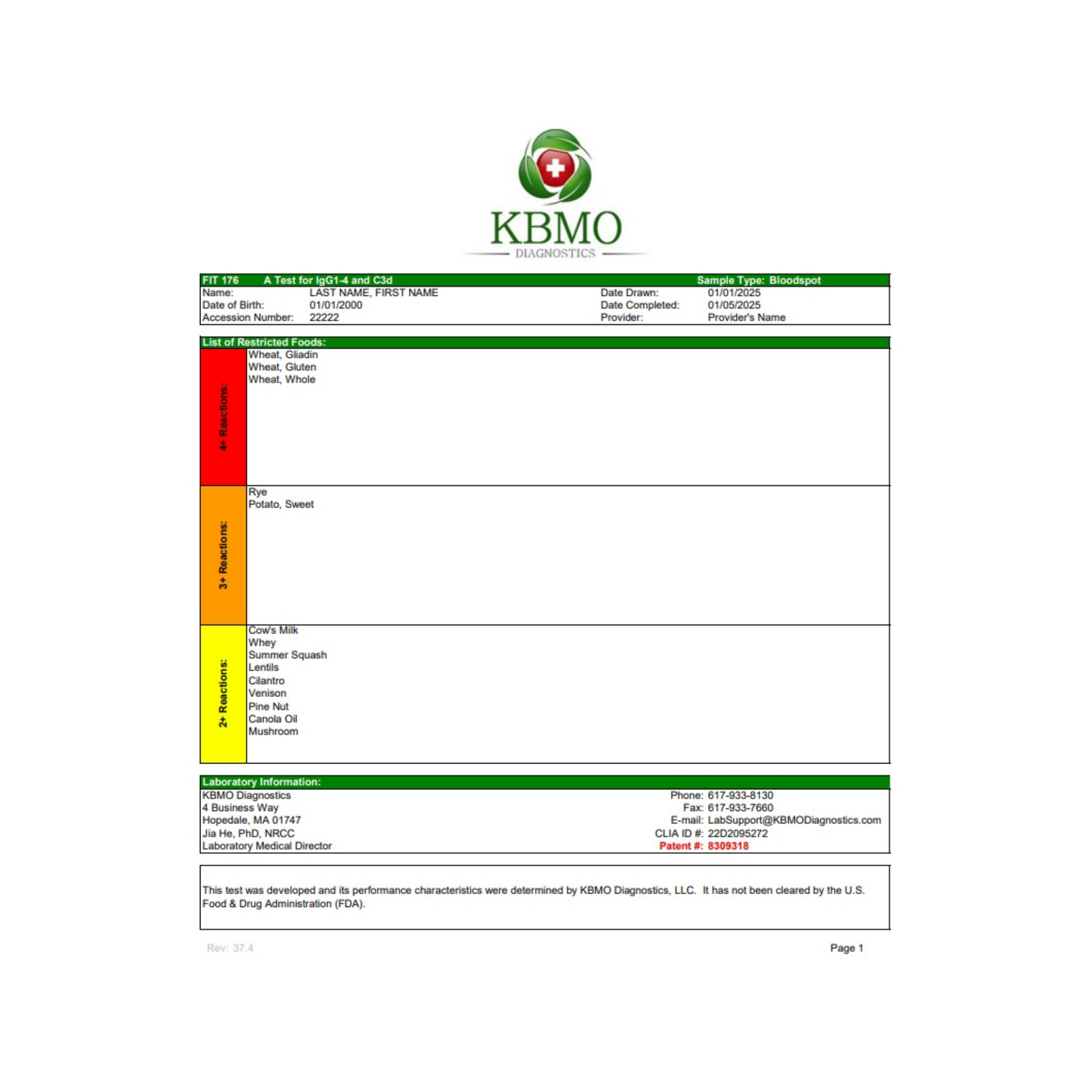 KBMO Diagnostics Fit 176 Test Patient Results Page 1