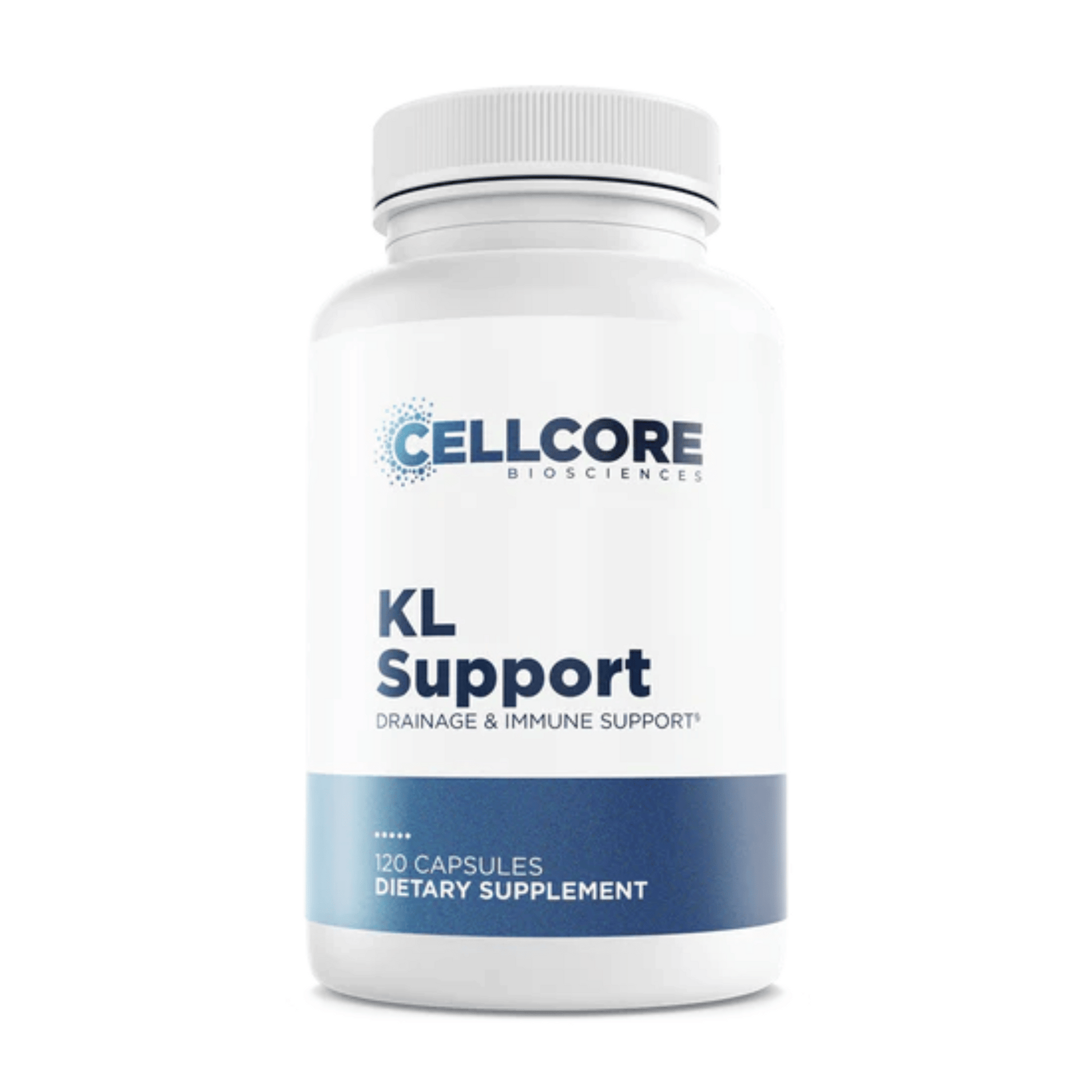 CellCore KL Support dietary supplement bottle for liver and kidney drainage and immune support with 120 capsules.