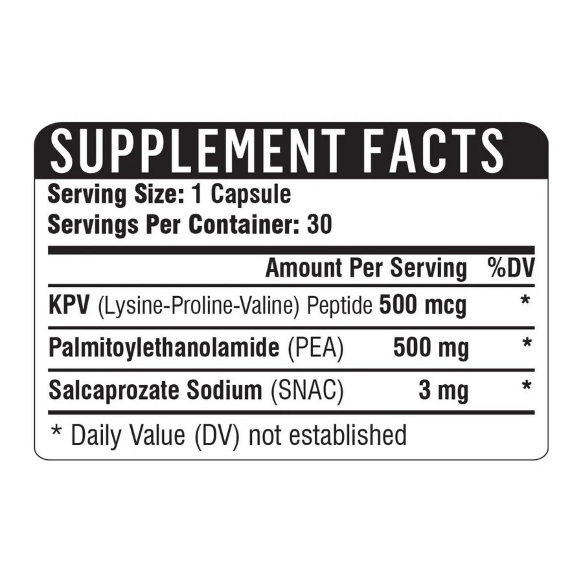 The ingredients in the Healthgevity KPV/PEA 500 supplement.