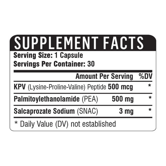 The ingredients in the Healthgevity KPV/PEA 500 supplement.