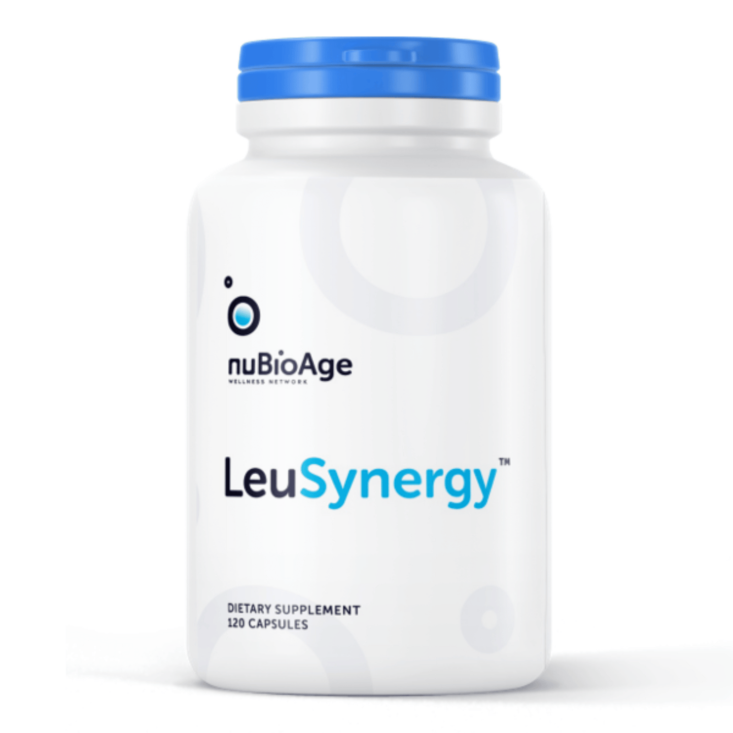 LeuSynergy™ dietary supplement bottle by nuBioAge with 120 capsules for metabolic support and weight management