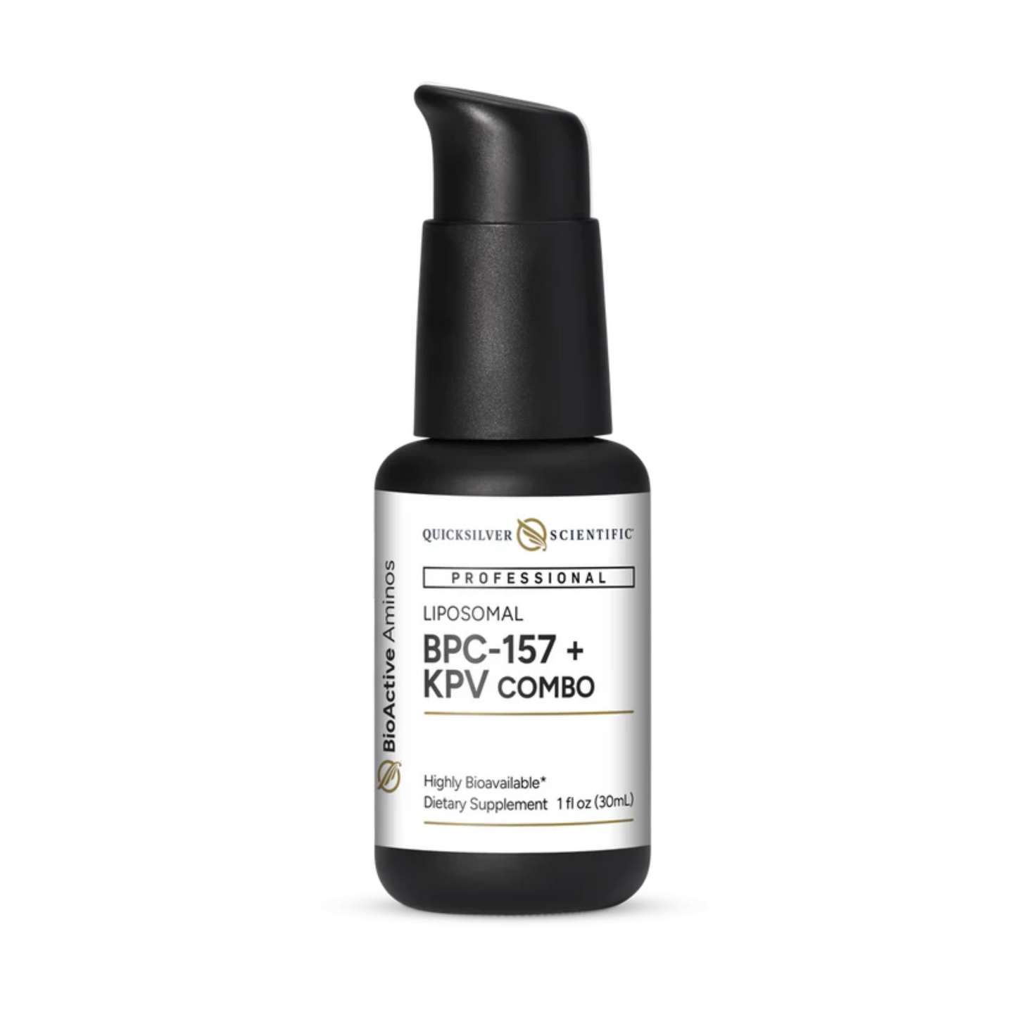 Liposomal BPC-157+KPV Oral Peptide by Quicksilver Scientific black pump bottle for regenerative and anti-inflammatory support