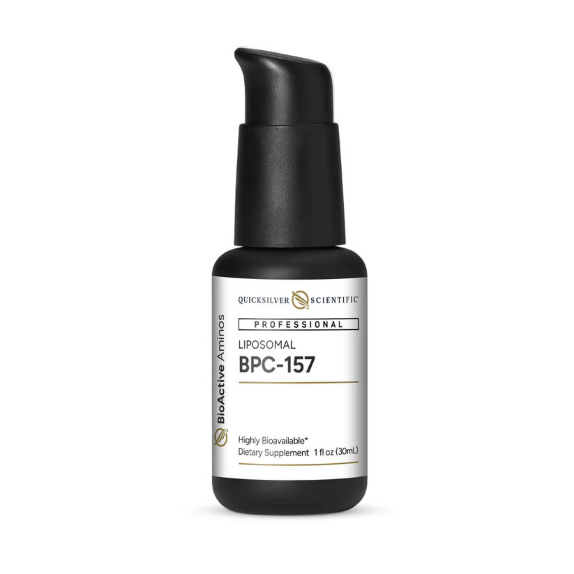 Oral Liposomal BPC-157 dietary supplement by Quicksilver Scientific in black pump bottle for tissue repair and inflammation support