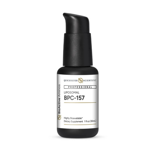 Oral Liposomal BPC-157 dietary supplement by Quicksilver Scientific in black pump bottle for tissue repair and inflammation support
