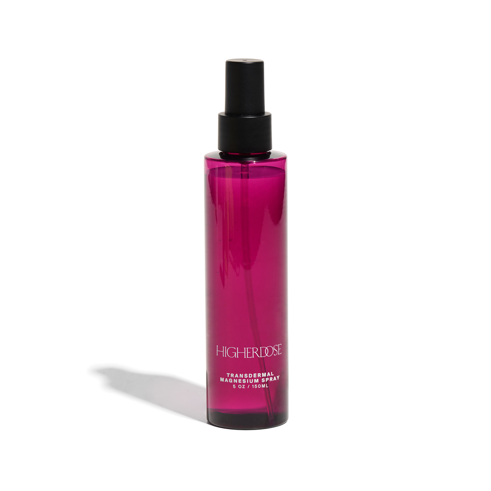 HigherDOSE Transdermal Magnesium Spray in purple bottle for muscle relief and skin health