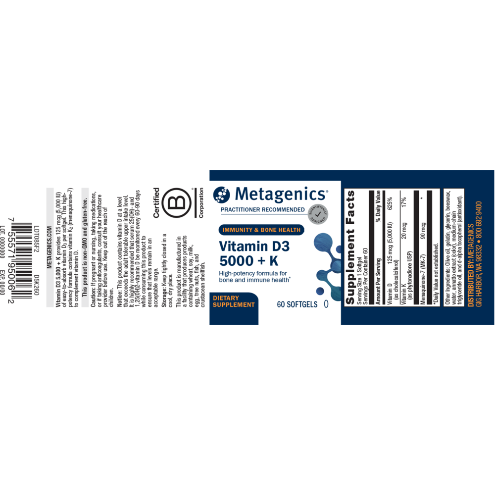 Metagenics Vitamin D3 5000 + K supplement label on a white background