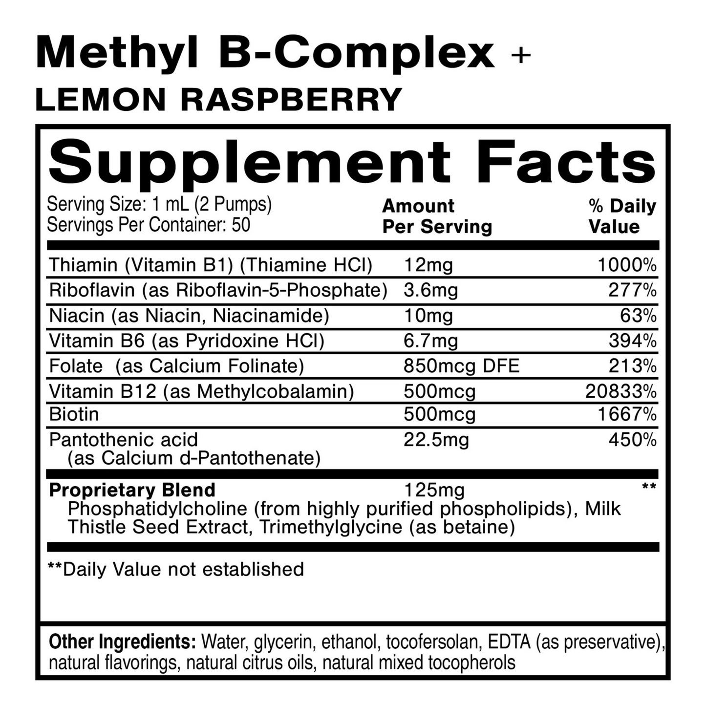 Ingredients label for methyl b complex supplement