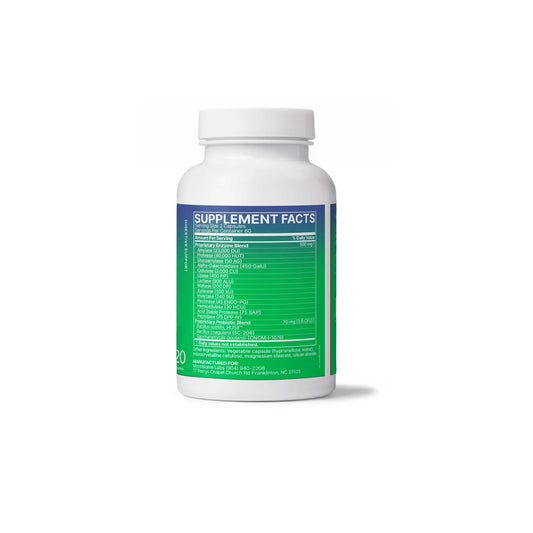 Close up of DigestMate bottle label detailing the 14-enzyme blend and spore-based probiotic strains