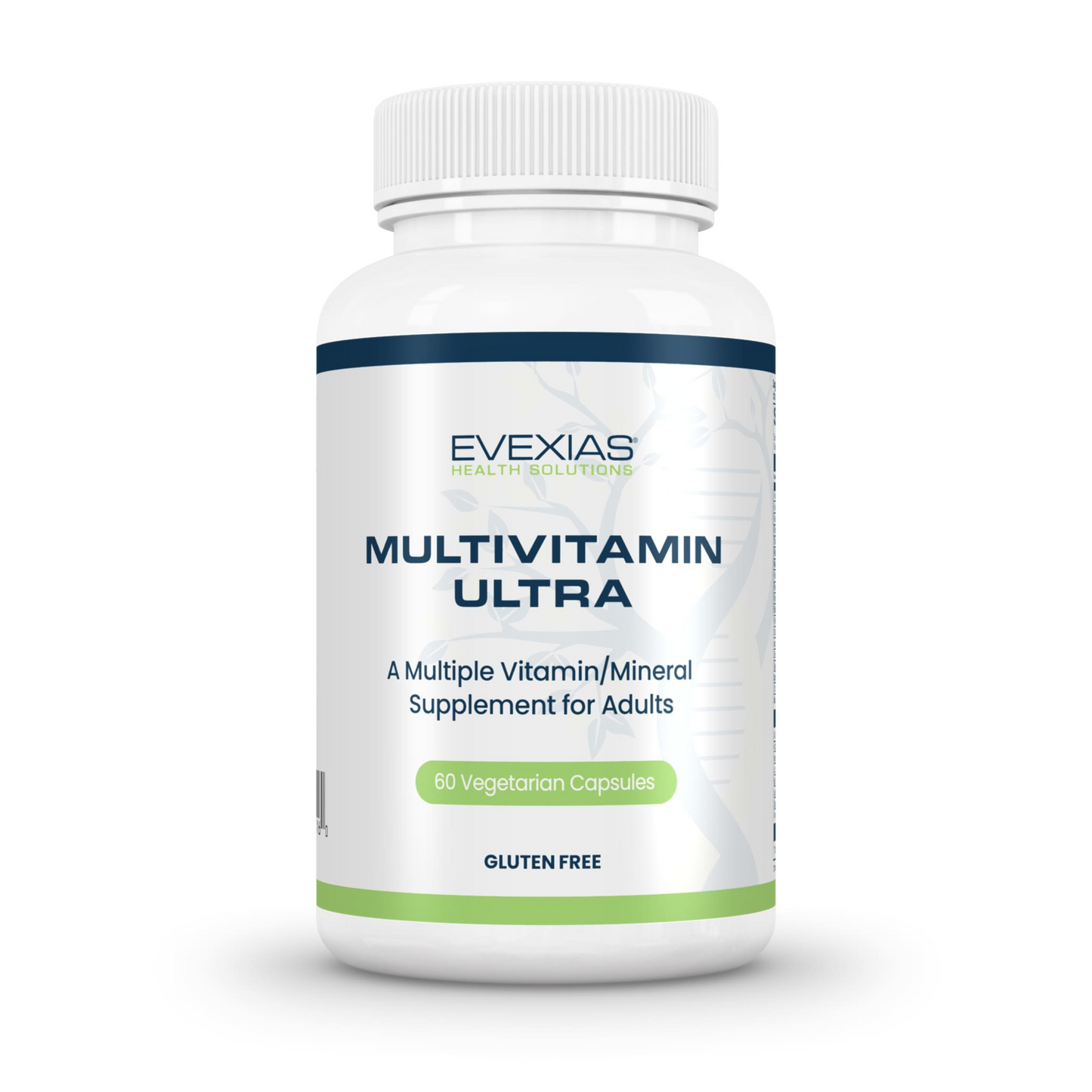Bottle of Multivitamin Ultra by Evexias with 60 vegetarian, gluten-free capsules for adults containing 27 vitamins and minerals.