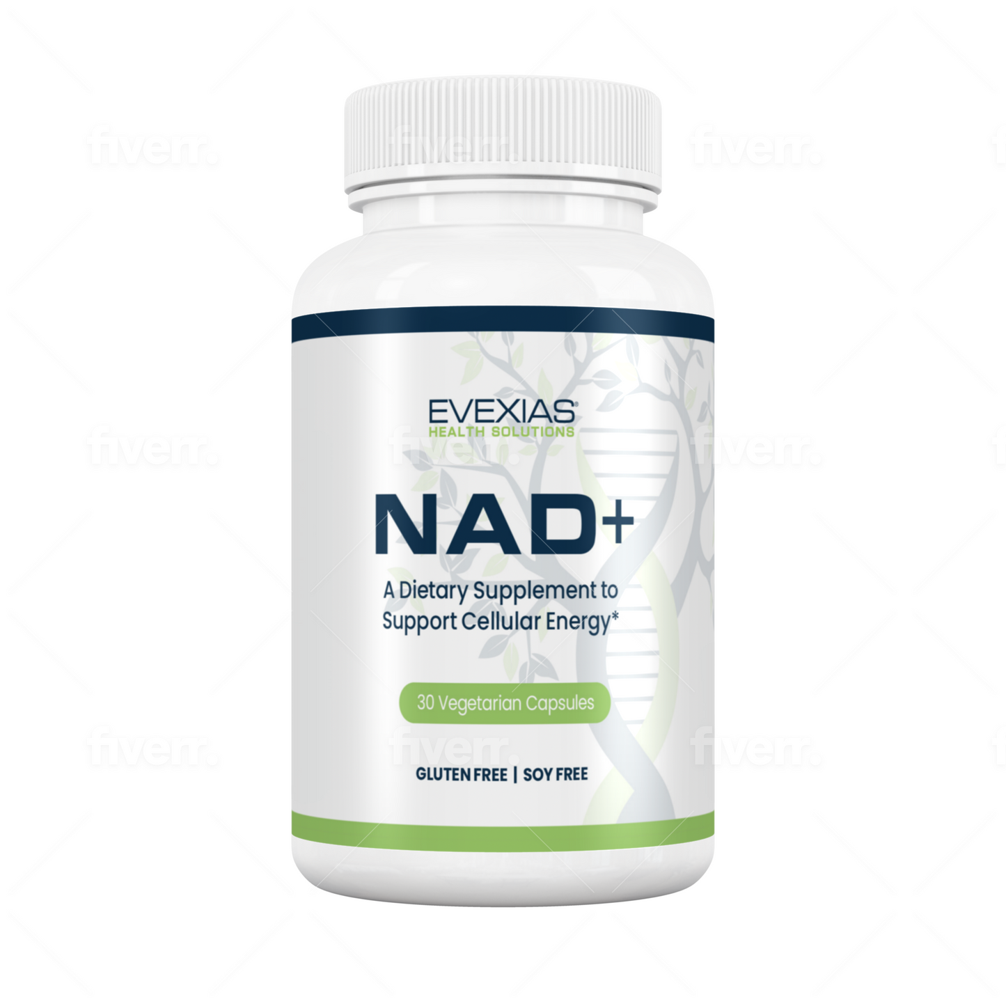 NAD+ by Evexias dietary supplement bottle promoting cellular energy with 30 vegetarian capsules, gluten and soy free.