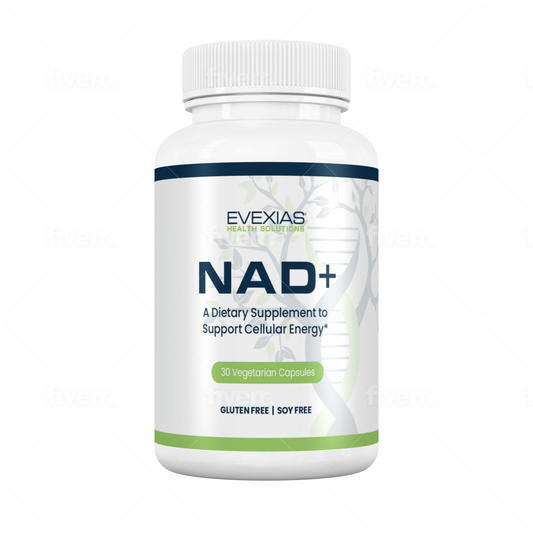 NAD+ by Evexias dietary supplement bottle promoting cellular energy with 30 vegetarian capsules, gluten and soy free.