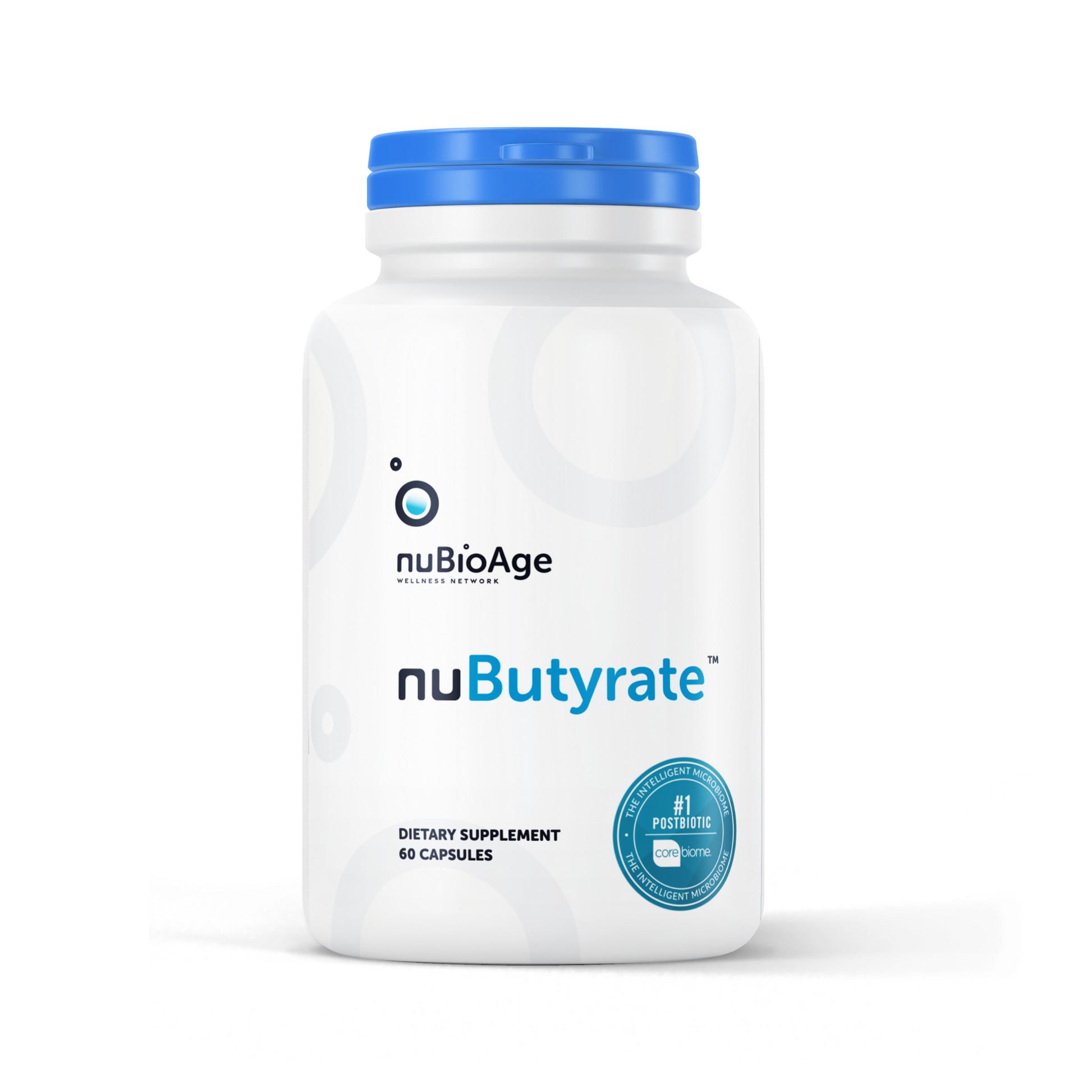 nuButyrate by nuBioAge dietary supplement bottle with 60 capsules for gut, immune, and metabolic health.
