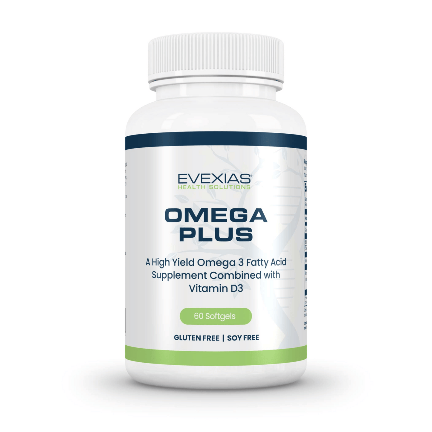 Bottle of Omega Plus by Evexias high-potency Omega 3 and Vitamin D3 supplement with 60 softgels, gluten and soy free