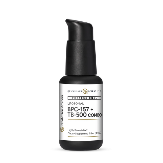 Bottle of Quicksilver Scientific's BPC157 + TB500 peptide supplement.