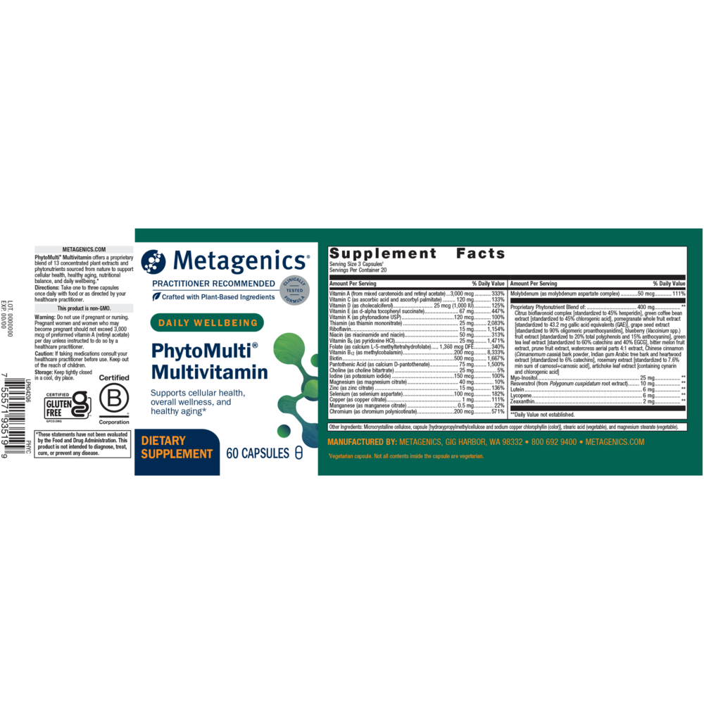 Metagenics PhytoMulti Multivitamin label on a white background