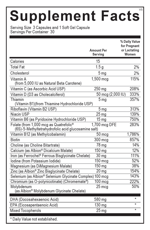 Prenatal Complete with DHA supplement facts label showing methylated folate and omega-3 DHA levels