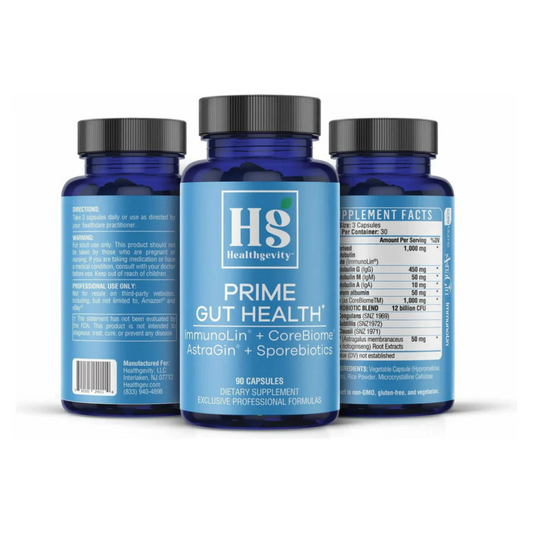Blue bottles of Prime Gut Health dietary supplement by Healthgevity showing front, side, and supplement facts labels for gut health support.