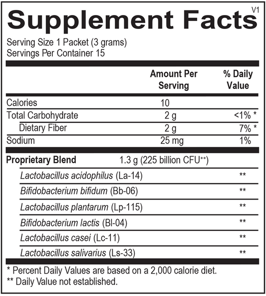 Probiotic 225 supplement facts label showing 225 billion CFU and diverse probiotic strains