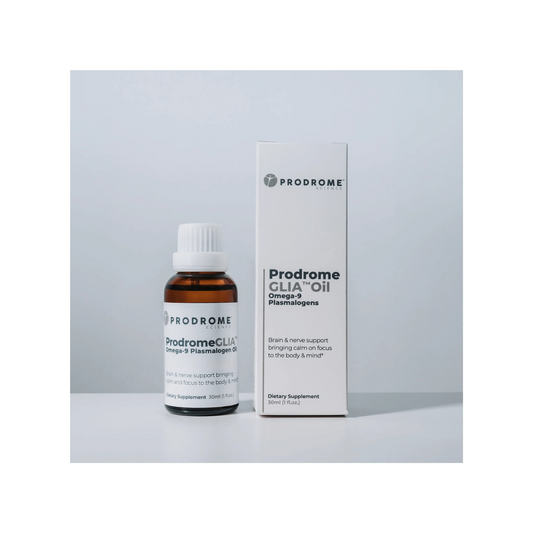 ProdromeGLIA omega-9 brain support supplement with bottle and packaging for cognitive and nerve health.