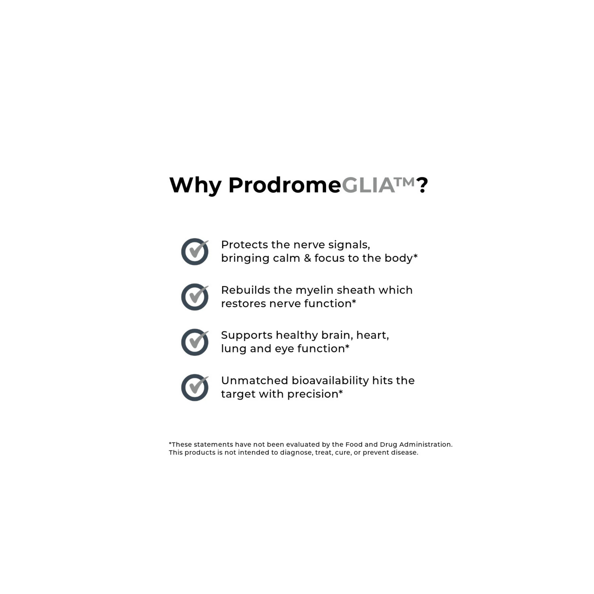 I
nfographic highlighting brain health benefits, immune support, and cellular protection of ProdromeGLIA supplement.