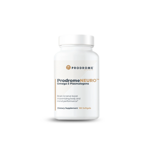 ProdromeNEURO™ 180ct softgels bottle omega-3 DHA plasmalogen precursor supplement for brain health, cognition, and neuroprotection.