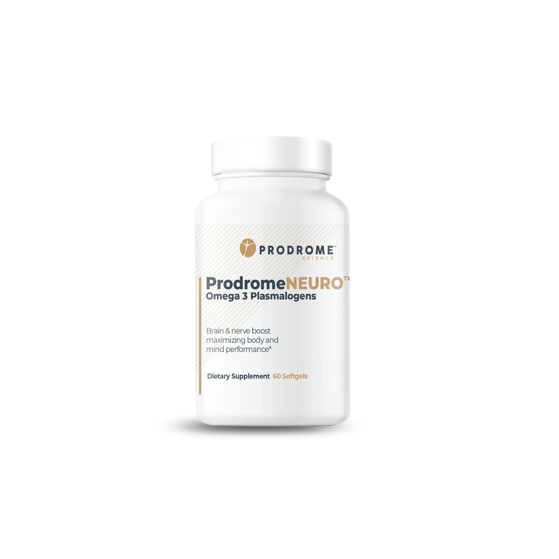 ProdromeNEURO™ 60ct softgels bottle, omega-3 DHA plasmalogen precursor supplement for brain health, cognition, and neuroprotection.