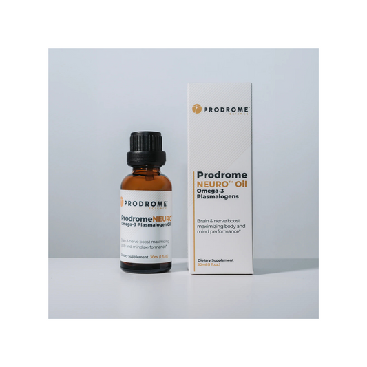 ProdromeNEURO™ oil bottle and box, omega-3 DHA plasmalogen precursor supplement for brain health, cognition, and neuroprotection.