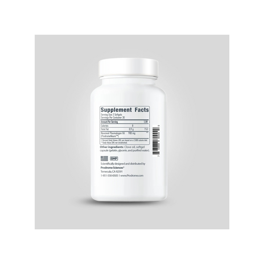 Supplement Facts label for ProdromeNEURO™ softgels, omega-3 DHA plasmalogen precursor supplement for brain health, cognition, and neuroprotection.