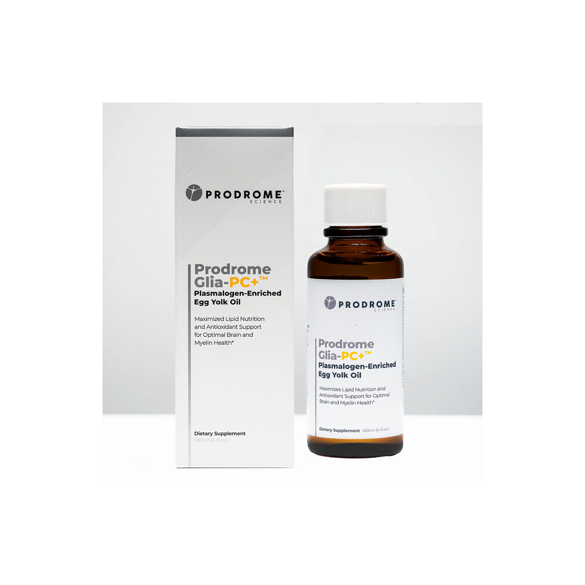 ProdromeGLIA-PC+ bottle and box, phosphatidylcholine and Omega-9 plasmalogen supplement with CoQ10, Vitamins D3, E, and K2 for brain and membrane health.