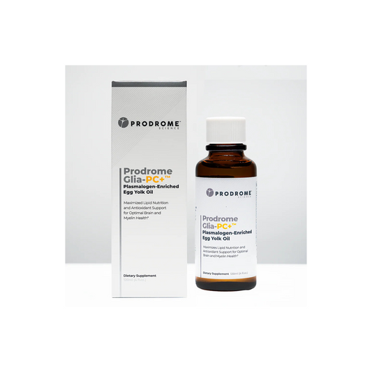 ProdromeGLIA-PC+ bottle and box, phosphatidylcholine and Omega-9 plasmalogen supplement with CoQ10, Vitamins D3, E, and K2 for brain and membrane health.