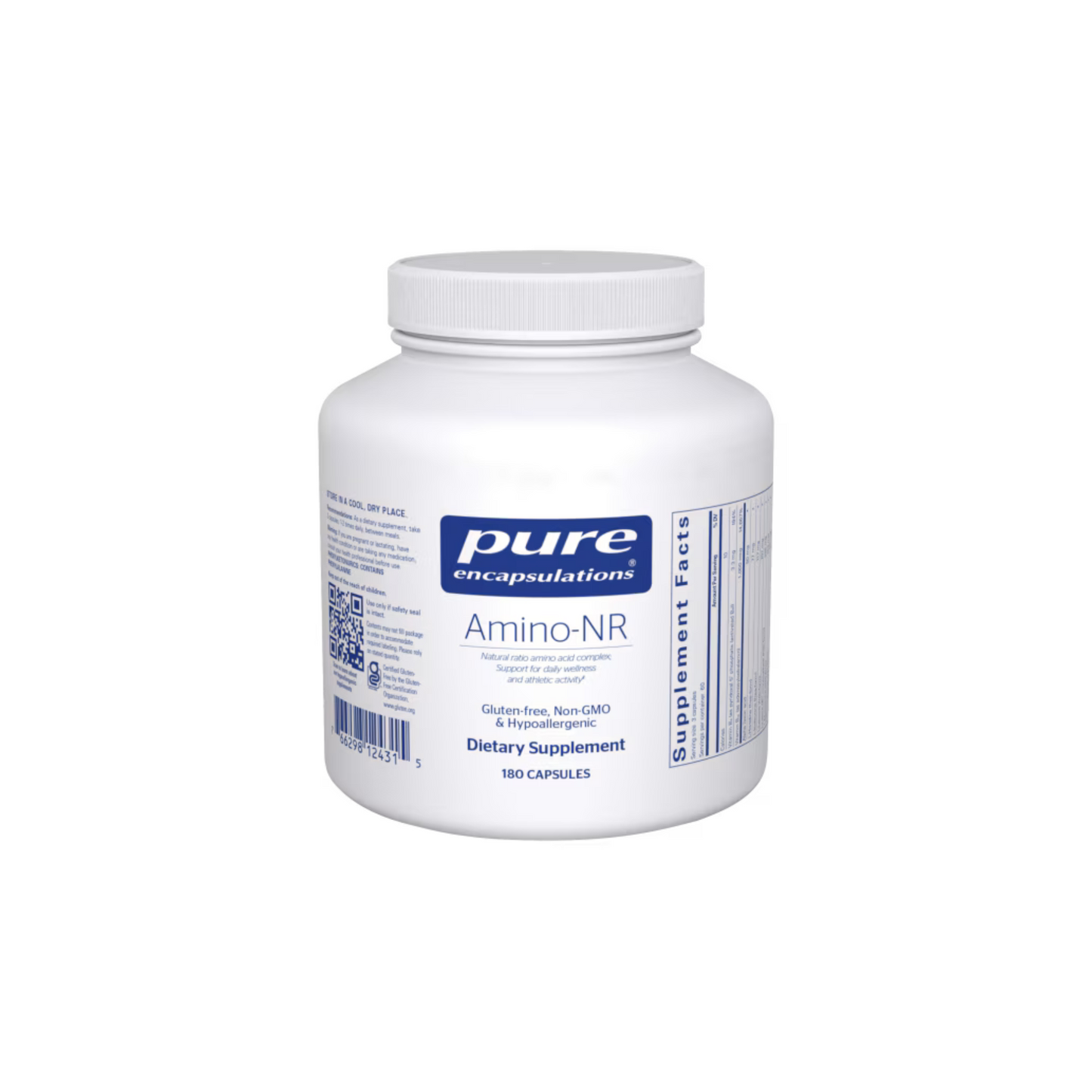Pure Encapsulations Amino-NR supplement bottle for muscle recovery, energy support, and immune health.