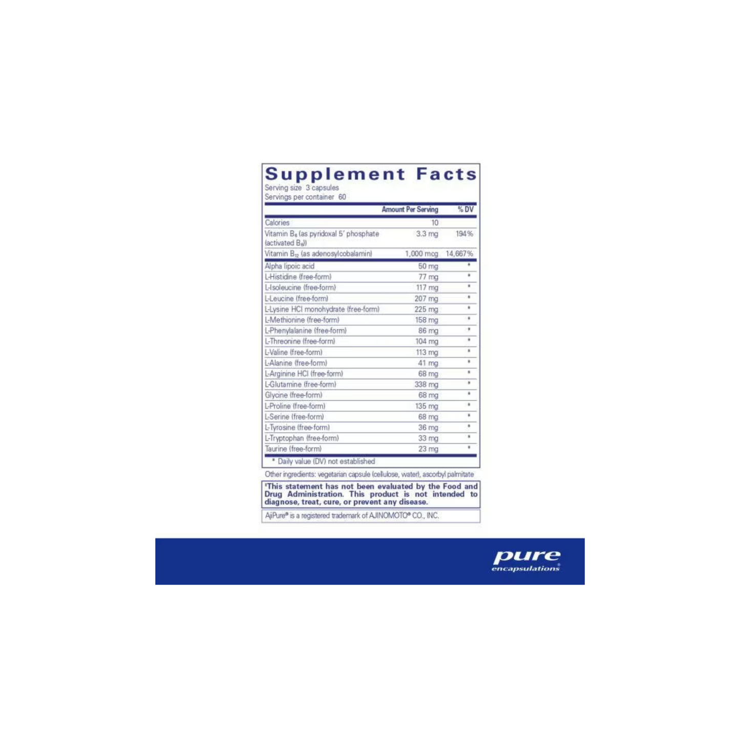 Supplement facts label for Pure Encapsulations Amino-NR showing ingredients, dosage, and nutritional information.
