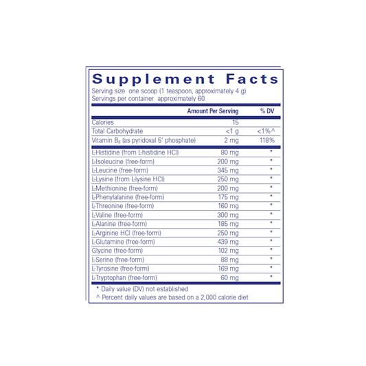 Supplement facts label for Pure Encapsulations Amino Replete, detailing amino acid profile and dosage for muscle support and recovery.